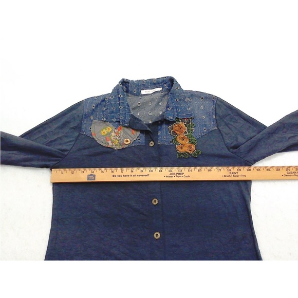 Simply Couture Tunic Top Womens Large Blue Floral Denim Patchwork Western - Picture 8 of 13